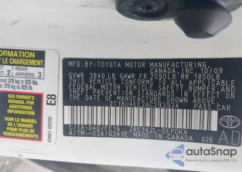 2010 Toyota Corolla Le z USA, uszkodzony, nr VIN 2T1BU4EE2AC293934